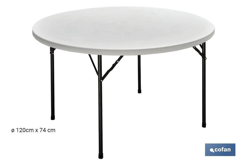 Mesa plegable redonda de color blanco | Peso máximo: 150 kg | Adecuada para 8 personas | Medidas abierta: Ø120 x 74 cm